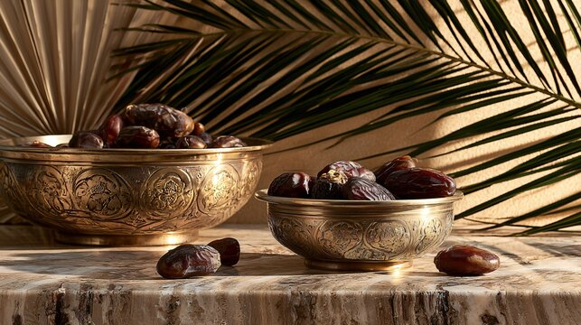 A luxury editorial composition featuring date palm fruit displayed inside handcrafted brass bowls with elegant Middle Eastern styling on polished travertine