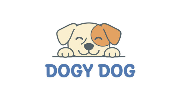 Playful puppy peeking with a brown patch on its ear above the bold blue text dogy dog on a clean white background.