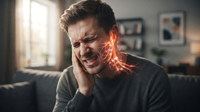 Man grimacing in pain with glowing nerve pain radiating from ear and jaw down neck, representing severe discomfort and discomfort, man grimacing in pain.