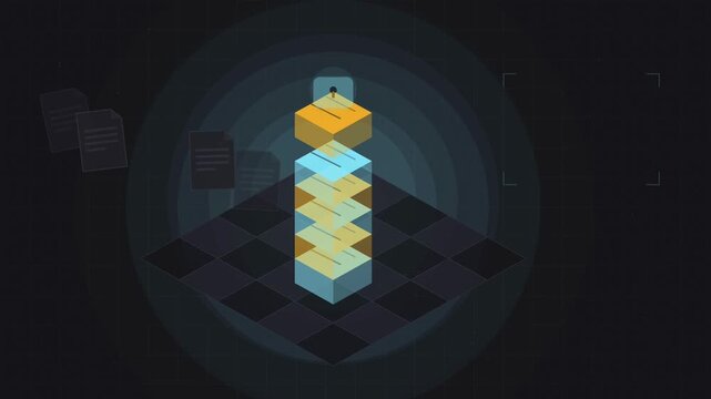 Abstract animated settled records sealed into an immutable stack drawn as yellow and gold lines and shapes on a deep dark background. Seamless looping 4K motion graphics video with free space for text