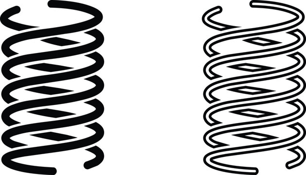 Industrial metal spring icons, spiral steel coil vectors, mechanical tension hardware