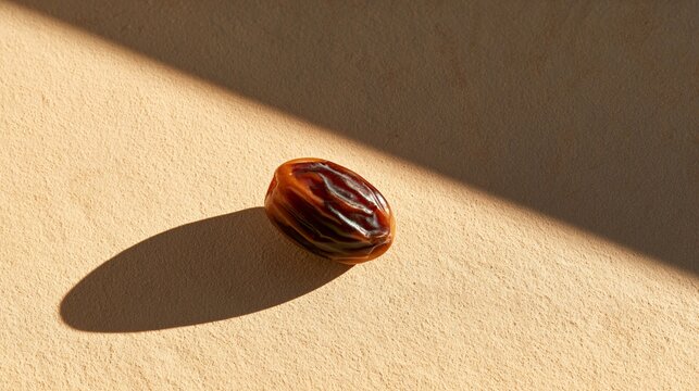 A minimalist commercial composition featuring a single date palm fruit positioned on a smooth sandstone background with dramatic architectural shadows and premium advertising copy space