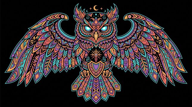 Zentangle mandala owl with intricate patterns, psychedelic illustration, mystic bird, tattoo design, symbol, dreamcatcher style, magical animal, rainbow color, hand-drawn, vector