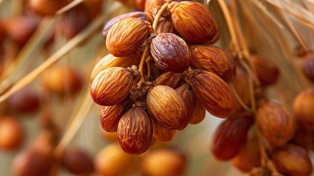 A monochromatic caramel-toned composition emphasizing the rich natural colors and textures of date palm fruit