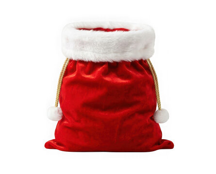 Red velvet santa claus gift sack with white fur trim isolated on transparent background