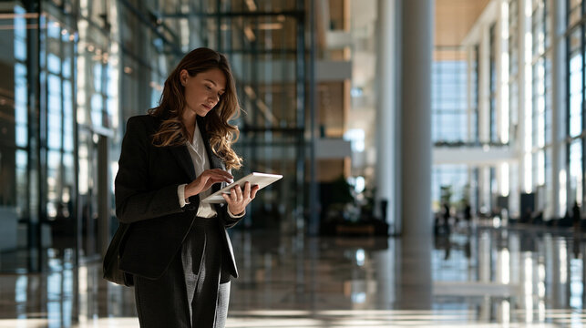 Focused Businesswoman in Formal Suit Using Digital Tablet in Modern Spacious Corporate Building Lobby