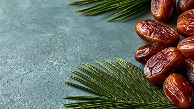 A premium advertising composition positioning date palm fruit along the frame edges leaving expansive architectural copy space in the center