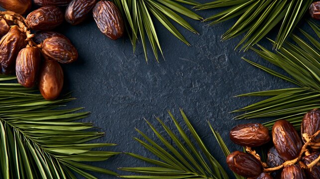 A premium advertising composition positioning date palm fruit along the frame edges leaving expansive architectural copy space in the center