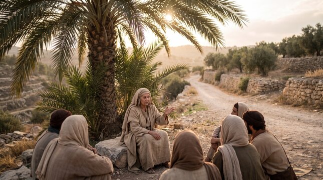 Prophetess Deborah sitting under palm tree teaching and judging Israelite people on rural dirt road at golden hour, Old Testament scene.