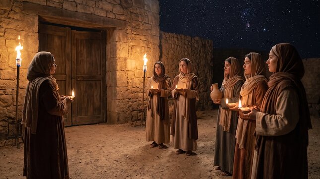 Five wise maidens holding glowing oil lamps and jars waiting outside stone gate at night under starry sky, biblical parable photo.