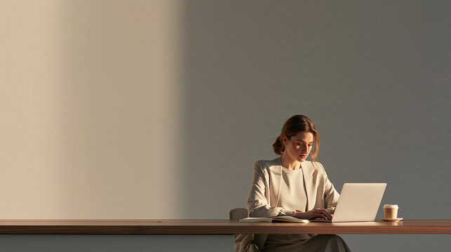Elegant Businesswoman in Beige Suit Working on Laptop at Wooden Desk with Sunlit