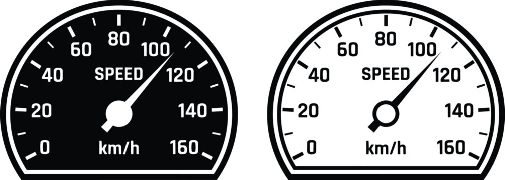Vintage car speedometer set, retro automotive gauge icons, black and white dial vector