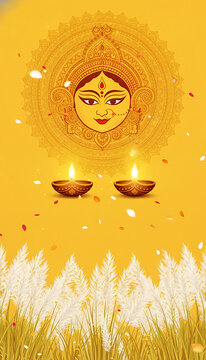 Goddess durga face with diya lamps and kash flowers