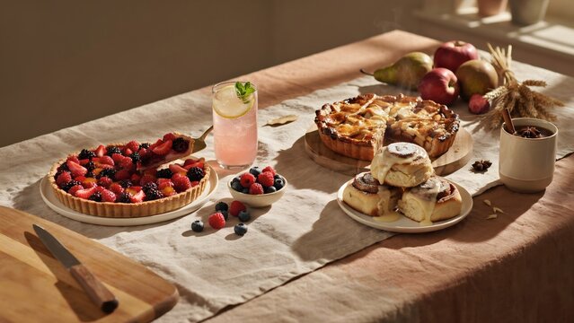 Summer berry desserts and autumn cinnamon pastries on rustic table &ndash; Ideal for bakery marketing, seasonal food blogging, and autumn recipes.