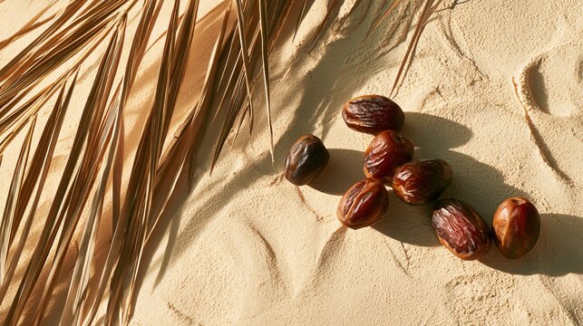 A warm desert-inspired composition featuring date palm fruit on textured sand-colored plaster with elegant organic styling