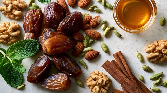 An ingredient composition featuring date palm fruit surrounded by almonds, walnuts, pistachios, cinnamon sticks, cardamom pods, honey, and fresh mint arranged naturally on pale limestone