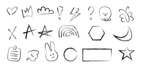 Fototapeta premium Collection of hand drawn doodle icons and simple shapes sketched in black ink on a white background