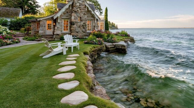 Serene stone cottage with green lawn and adirondack chairs sitting beside tranquil lake waves