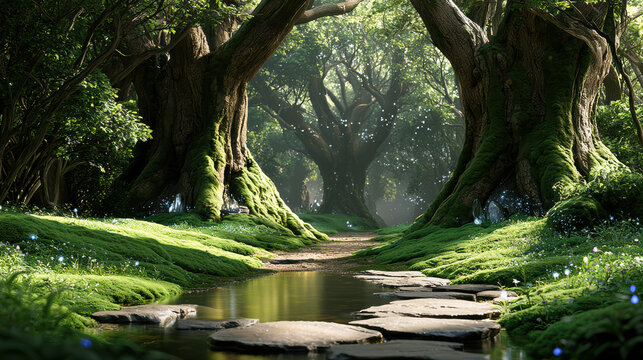 Enchanted forest landscape with ancient tree moss sunlight magical atmosphere stream stepping stone lush green fantasy serene