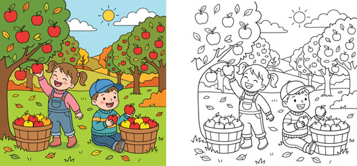 Fototapeta premium Cute kids picking apples in an orchard, autumn harvest coloring page and colorful vector illustration for children activity book