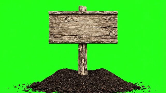 Wooden sign in soil on a green screen background,chroma key