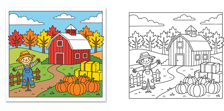 Autumn farm harvest scene with cute scarecrow, red barn, pumpkins, and hay bales coloring page with color guide vector illustration for kids