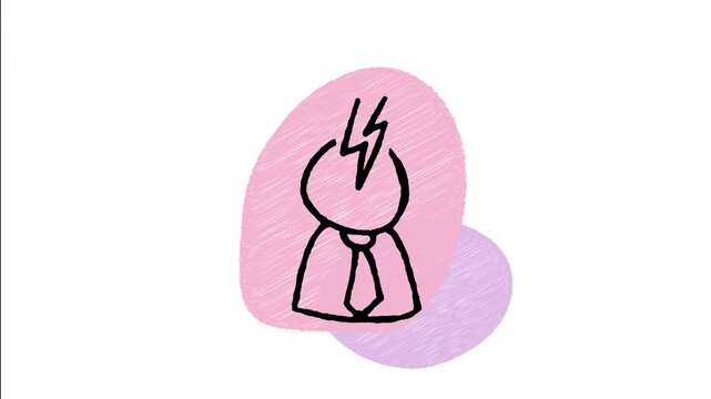 An animated hand drawn businessman with a lightning bolt on head. Ideal for work stress, burnout, business crisis, deadline pressure, and mental tension. 