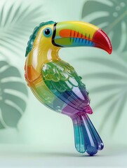 Naklejka premium A striking toucan recreated as a transparent inflatable plastic sculpture, oversized curved colorful beak, rounded body and folded wings, realistic translucent wrinkles and layered feather-like folds