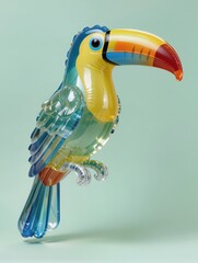Naklejka premium A striking toucan recreated as a transparent inflatable plastic sculpture, oversized curved colorful beak, rounded body and folded wings, realistic translucent wrinkles and layered feather-like folds