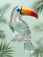 Naklejka premium A striking toucan recreated as a transparent inflatable plastic sculpture, oversized curved colorful beak, rounded body and folded wings, realistic translucent wrinkles and layered feather-like folds