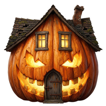 Haunted House with Giant Jack-o'-Lantern Face Carved into the Facade and Glowing Windows on Transparent Background