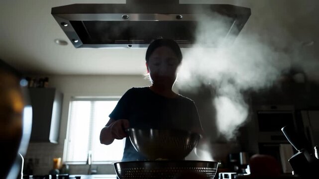 Person stirring steaming bowl in home kitchen with rising vapor above cookware, silhouetted against bright window light while hands move gently through warm meal preparation scene