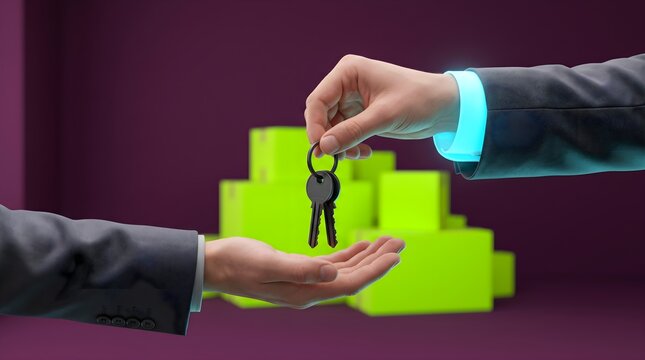 Real estate deal hand handing over keys to new owner.