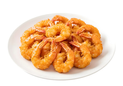 Fried shrimp on white plate, golden breaded seafood, appetizer.