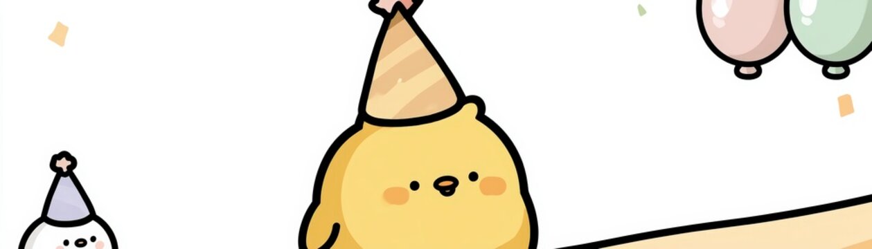 Cute yellow chick wearing a party hat, celebrating with balloons and confetti on a white background, hand drawn kid friendly background