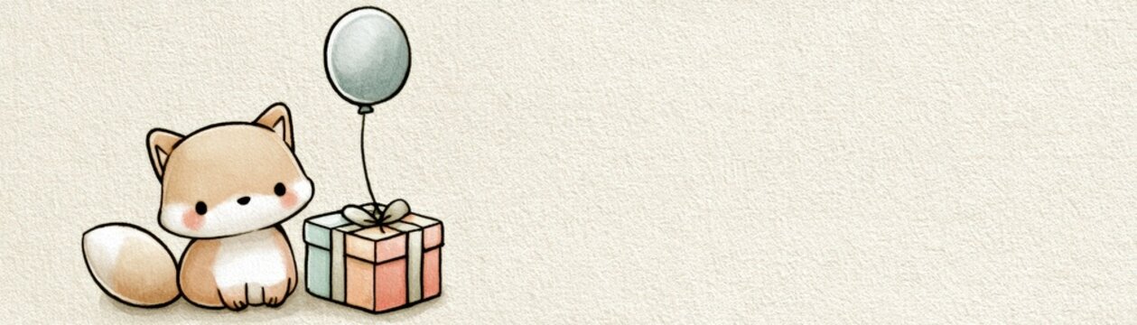A cute cartoon fox sits next to a gift box with a balloon tied to it on a textured beige background, hand drawn kid friendly background