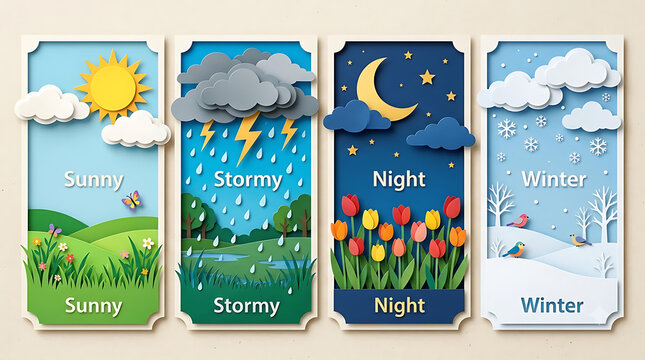 Paper cut weather icons set, 3D layered papercraft weather forecast banners, sunny stormy night and winter seasonal landscapes