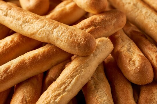 Freshly baked breadsticks are stacked together on a wooden surface in a warm kitchen setting during the afternoon