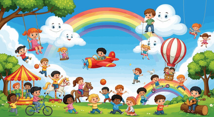 Naklejka premium Happy diverse children playing joyfully in a vibrant, imaginative park under a colorful rainbow sky, with swings, hot air balloons, and airplanes, celebrating childhood fun and freedom