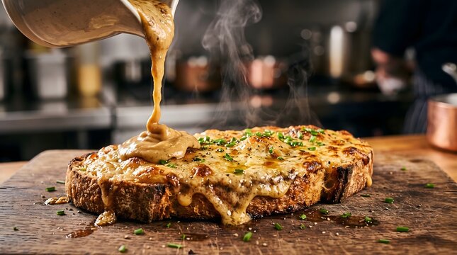 Warm savory cheese sauce poured over toasted sourdough bread slice on wooden board.