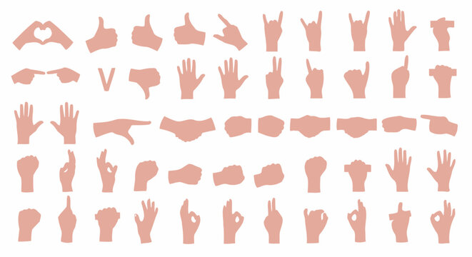 Collection of Various Hand Gestures Silhouettes and Sign Language Symbols on White Background