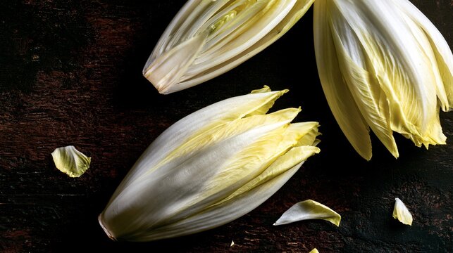 A premium cookbook-cover composition featuring Belgian endive styled with refined asymmetry and generous editorial copy space