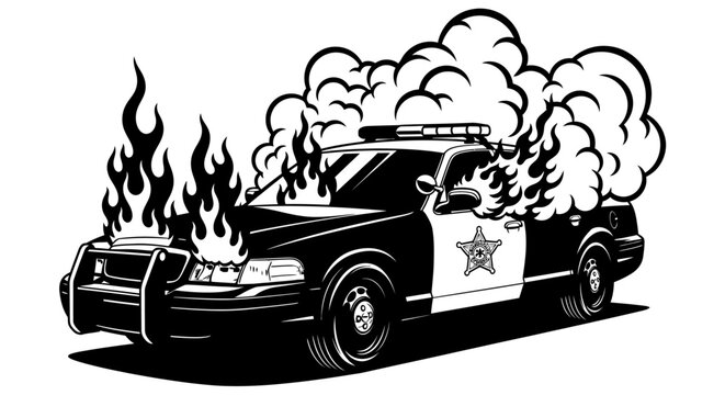 Burning police car on fire with heavy smoke vector illustration black and white stencil art