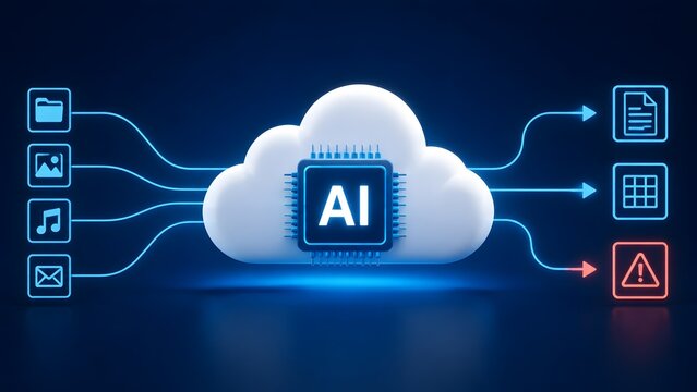 3D cloud computing concept with artificial intelligence microchip and digital file icons for automated data processing
