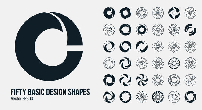 Minimalist circular design elements and spiral geometric icons set for logo creation