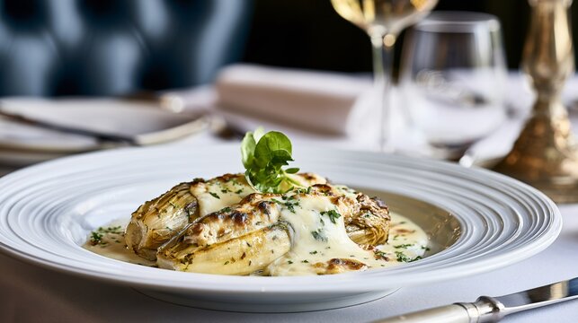 A refined hospitality composition featuring braised Belgian endive served with creamy bechamel sauce inside an elegant French restaurant