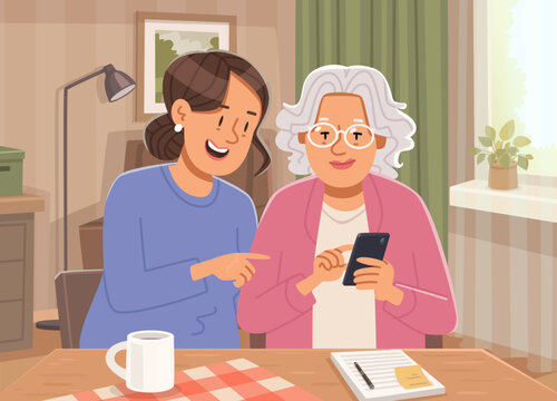 Adult daughter helps her elderly mother use a smartphone at home. Flat style vector illustration.