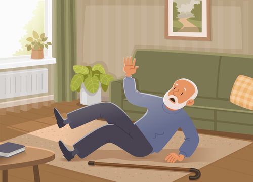 Elderly man fell at home. Flat style vector illustration