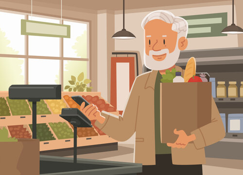 Elderly man paying for groceries at a supermarket with a smartphone. Flat style vector illustration