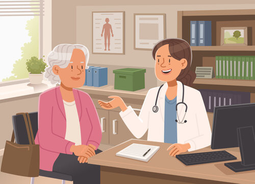 Elderly woman visiting a doctor. Vector illustration in a flat style